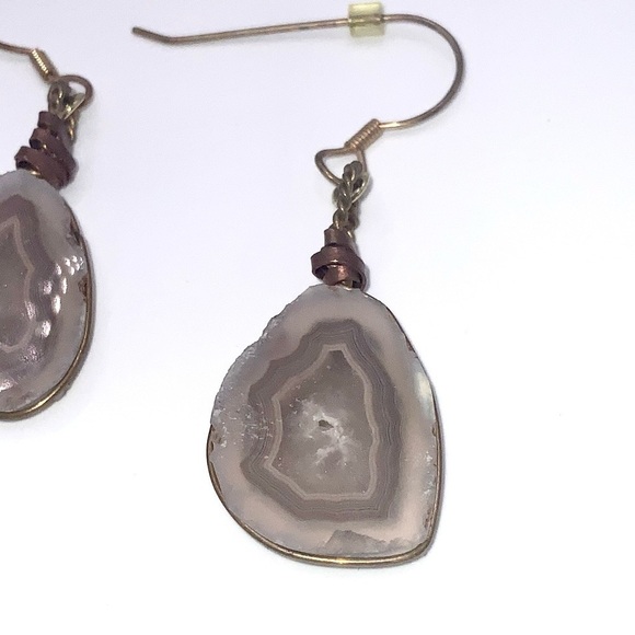 Lavender Sliced Geode Earrings Wrapped In Copper Fish Hook Pierced - Picture 2 of 2